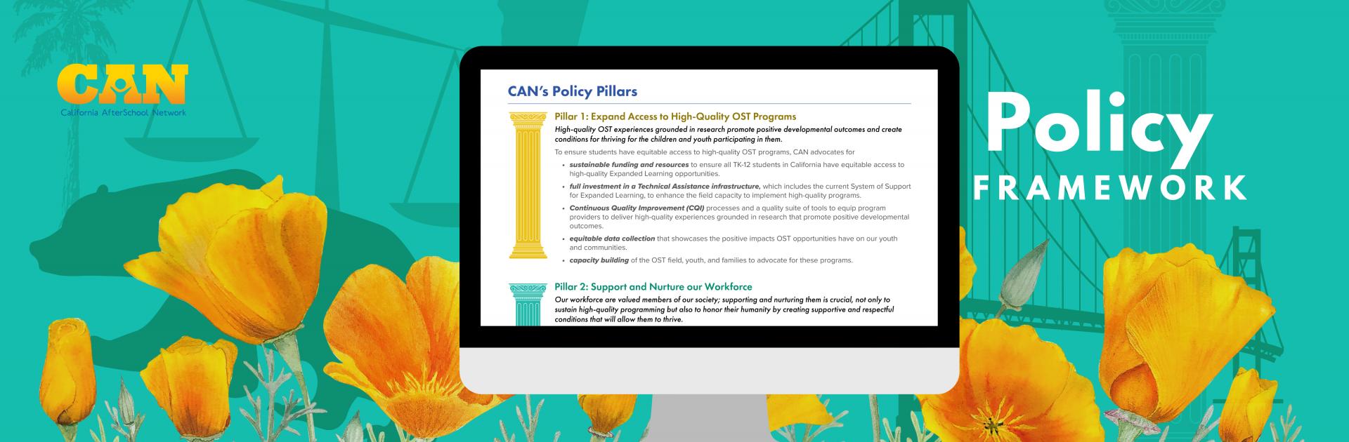 Desktop computer with image of CAN's policy pillars with Policy Framework words and California poppies, Golden Gate Bridge, justice scale, and bear in the background