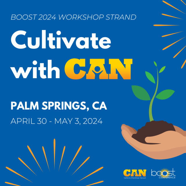 Cultivate with CAN workshop strand poster; a blue background with a hand holding a growing sprout