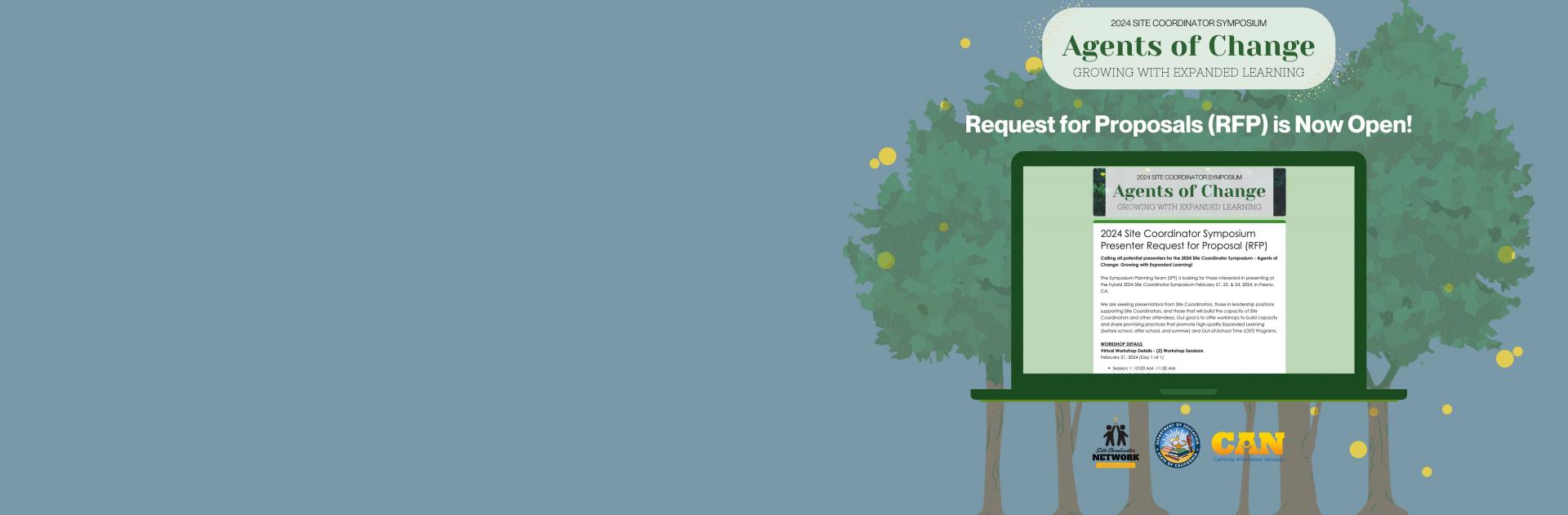 Site Coordinator Symposium Presenter Request for Proposal flyer with picture of laptop and google form with two cartoon trees in the back. 