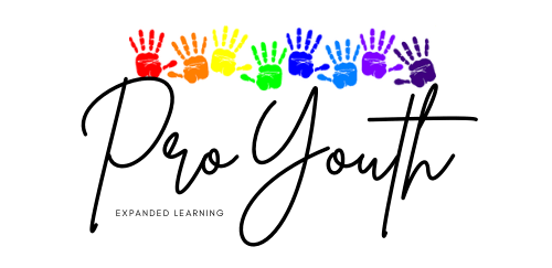 Proyouth logo - ProYouth in script with a row of rainbow hand prints on top