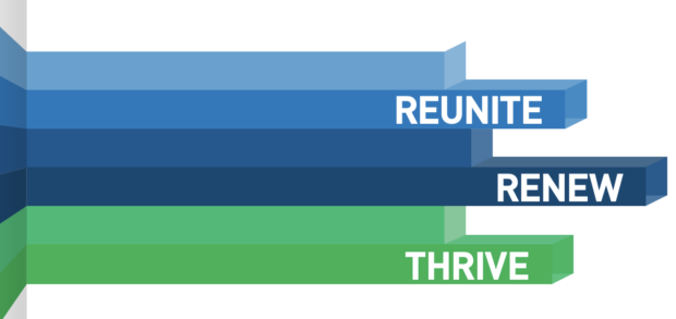 Multi-colored rectangles stating "Reunite, renew, thrive"