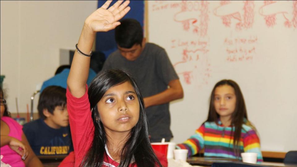 Girl raising hand in a classroom.