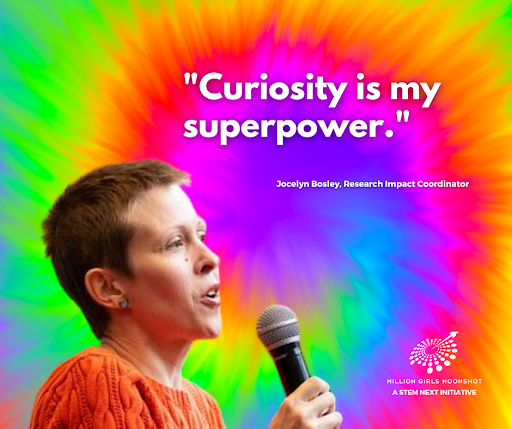 Photo of speaker with quote saying "Curiosity is My Super Power"