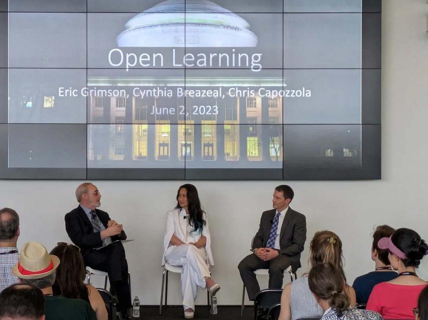 Eric Grimson, Cynthia Breazeal, and Christopher Capozzola lead a discussion about today’s technologies in education during the 2023 MIT Tech Reunions Weekend.