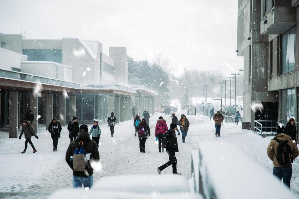 Photo of students walking in the snow