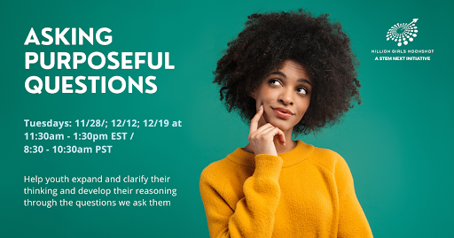 Asking Purposeful Questions flyer with with person thinking and dates and times for the trainings. Words say help youth expand and clarify their thinking and develop their reasoning through the questions we ask them.