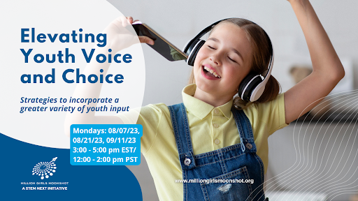 Student dancing with headphones words say elevating youth voice and choice and has the dates/times: Mondays: 08/07/2023, 08/21/2023, 09/11/2023 12:00 - 2:00 pm PST