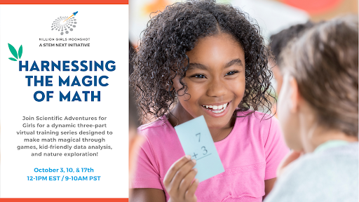 Flyer for Harnessing the Magic of Math with picture of two students smiling and talking