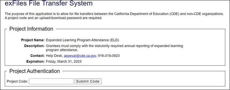 ExFiles system login page showing the field where users enter the Project Code ‘ELDfile’ before clicking Submit Code.