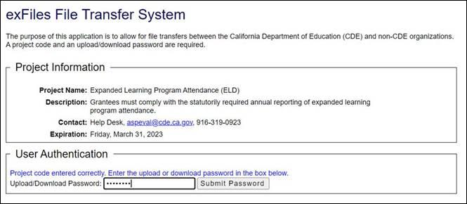 ExFiles system login page showing the field where users enter the Upload/Download Password ‘1UpInfoELD’ before clicking Submit Password.