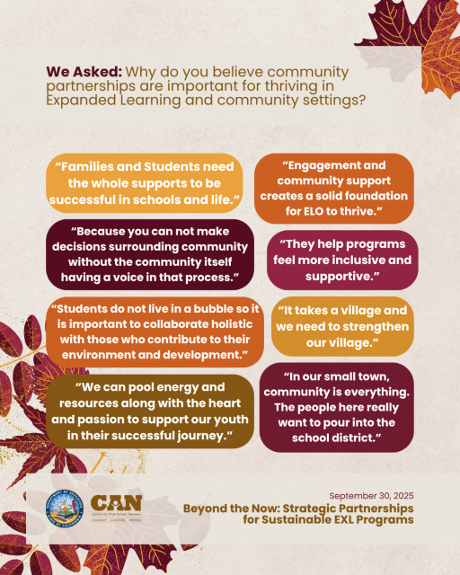 Image with quotes from the field on "Why do you believe community partnerships are important for thriving in Expanded Learning and community settings?"