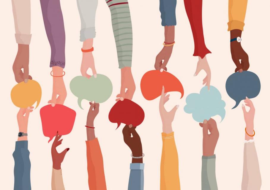 Multiple hands reaching out to thought bubbles