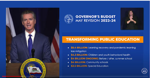 Image of Governor Newsom's press conference presentation talking about transforming public education investments
