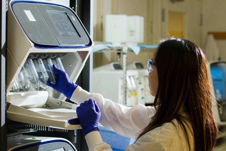 Photo of scientist looking at a microscope