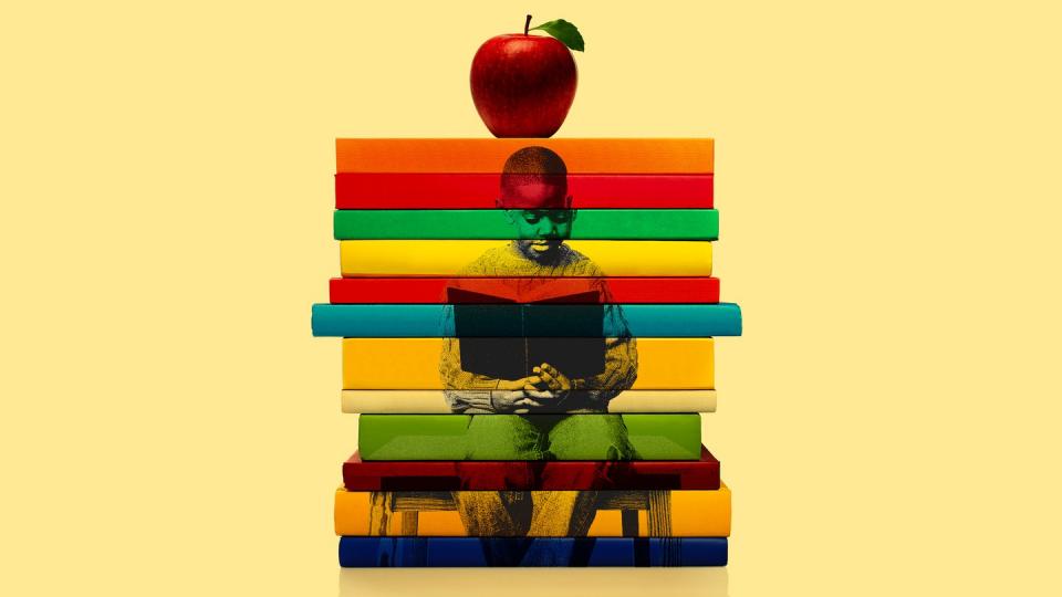 image of student overlaid on books with an apple