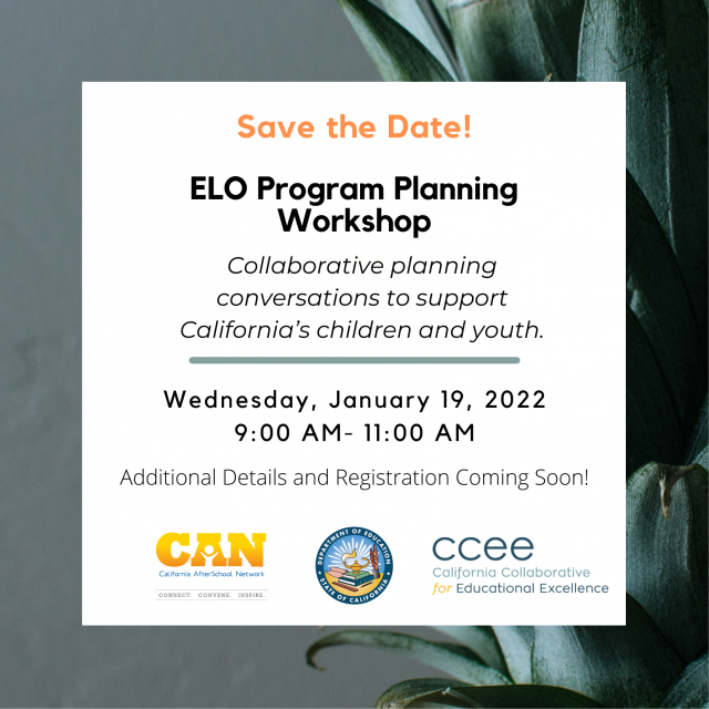 Save the Date! ELO Program Planning Workshop - Wednesday, January 19th, 9:00 AM- 11:00 AM. Additional Information Coming Soon!