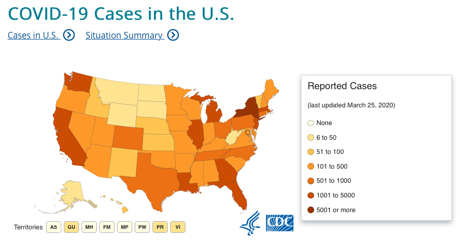 COVID-19 Cases in the US as of 3/24/20
