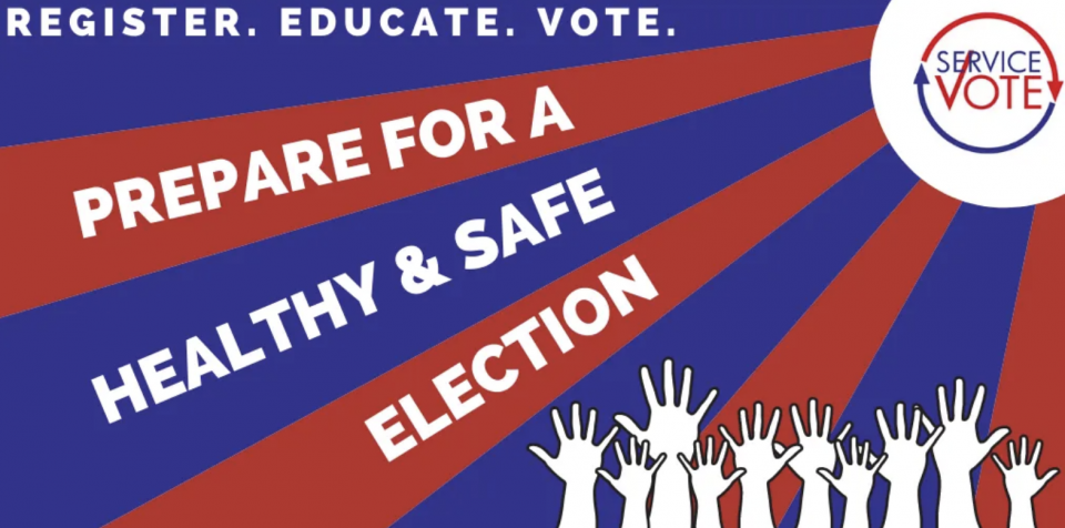 Voting reminder image with hands in the air