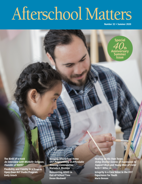 Front cover of Afterschool Matters magazine, image of teacher and student cooking