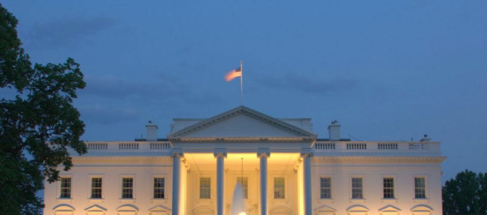 View of the front of the White House.