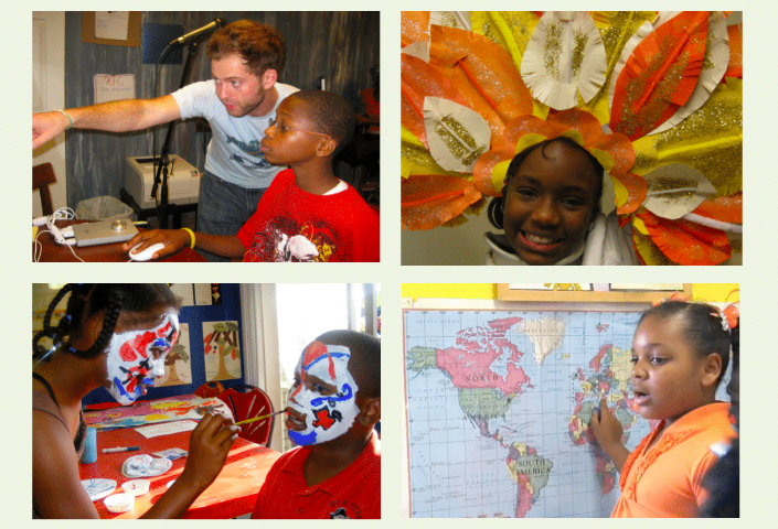 From left to right: Teacher and student pointing at something in the distance,  student wearing feathers on head, student with face painted painting another student's face, student in front of a world map.