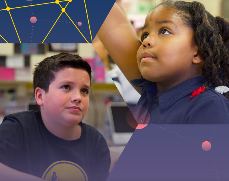 Two students looking up with constellation graphics around them