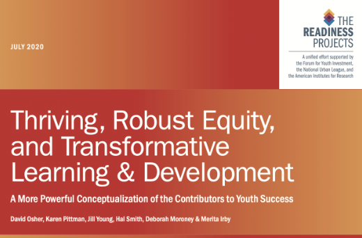 Thriving, Robust Equity and Transformative Learning & Development, cover of newsletter article from the Readiness Project