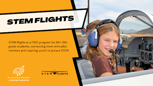 STEM Flights flyer with student sitting in a pilot seat with equipment