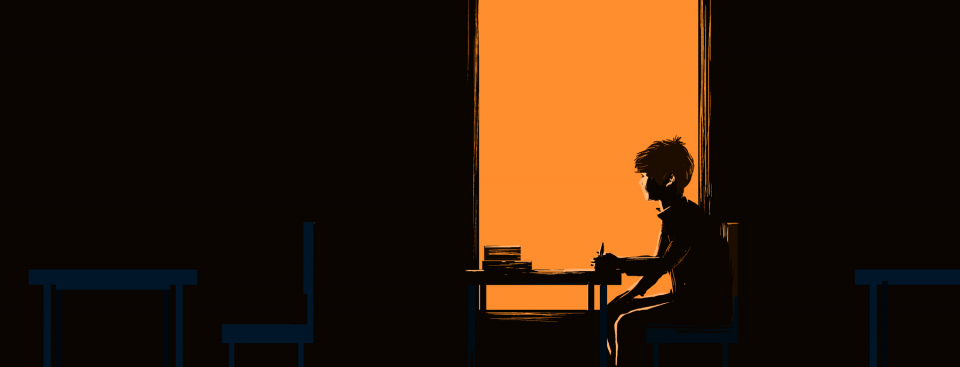 Dark illustration of a classroom with light shining on one student.
