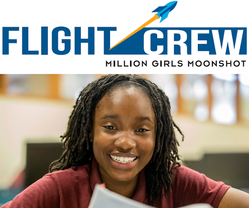 Girl smiling into camera with Flight Crew logo above