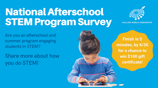 National Afterschool STEM Program Survey - teal background with white text; girl looking down at table