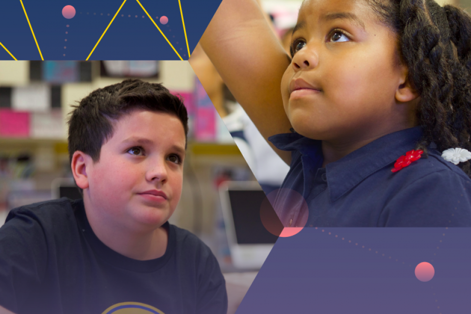 Two students looking up with constellation graphics around them