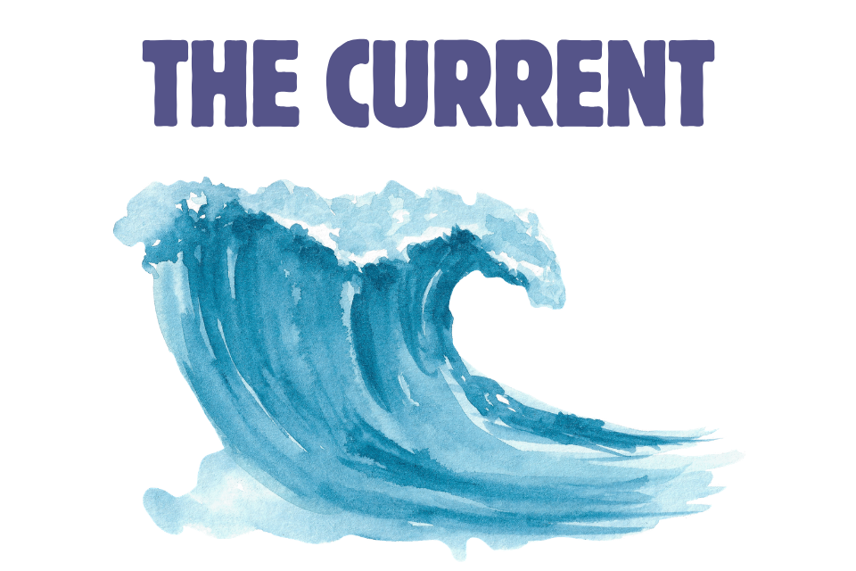 The Current logo: a wave with purple text saying "The Current"