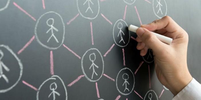 Chalkboard with stick figures circled with lines connecting them