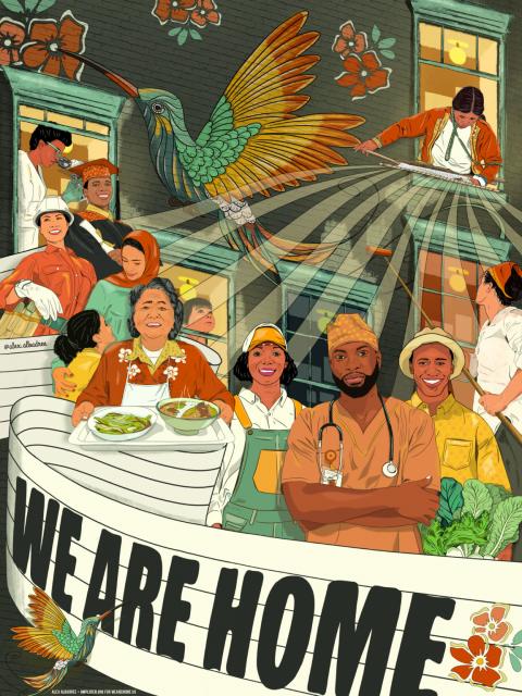 Art that shows diverse workers and a banner that says we are home