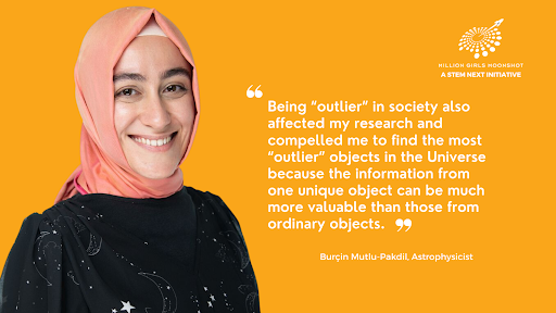 Picture of Burcin Mutlu-Pakdil with a quote saying, "Being outlier in society also affected my research and compelled me to find the most outlier objects in  the universe because the information from one unique object can be much more valuable than those from ordinary objects."
