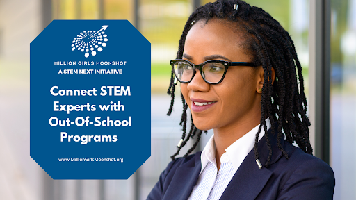 Picture of mentor. Words say connect STEM experts with  out-of-school programs