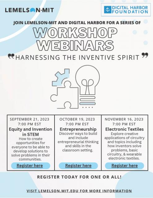 The Lemelson-MIT Program (LMIT) flyer for upcoming webinars with lightbulb and gears.