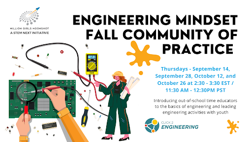Engineering Mindset Fall Community of Practice flyer with cartoon picture of an engineer and hands working on an engineer project
