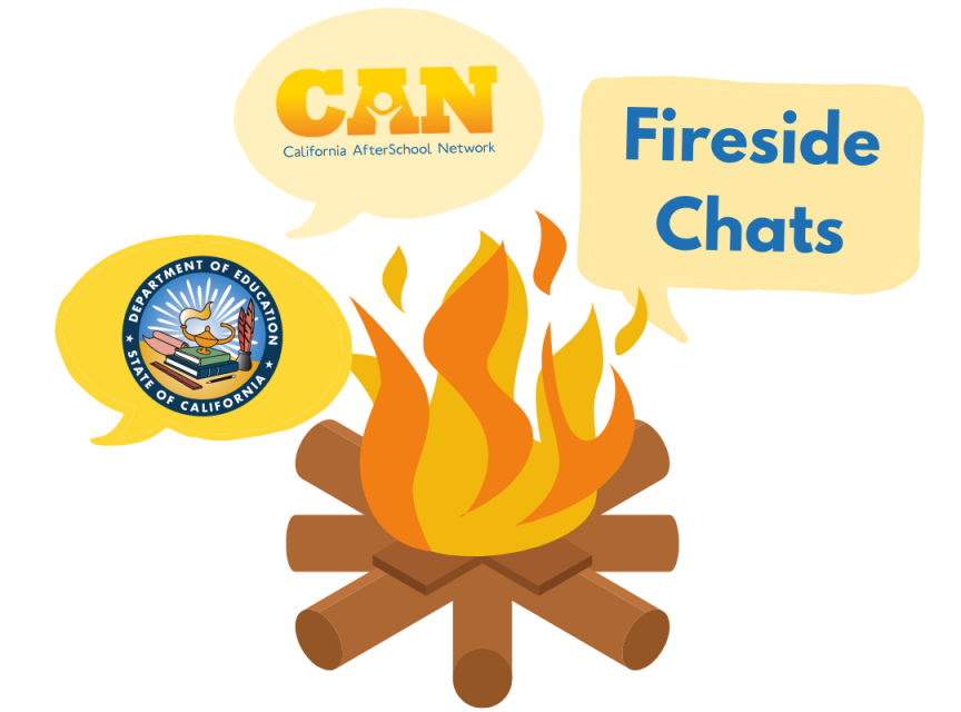 Campfire with three speech bubbles over it