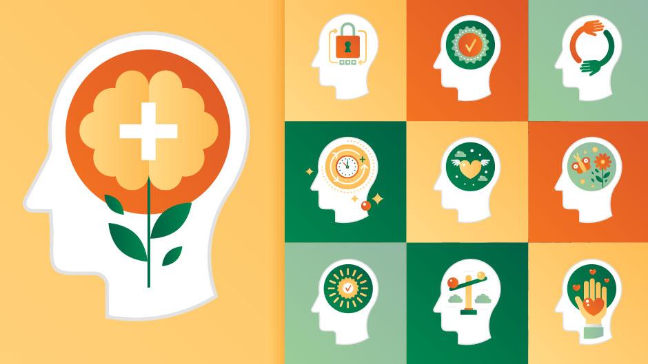 Ten different heads showing different positive imagery (flowers, sun, stars) replacing the brain