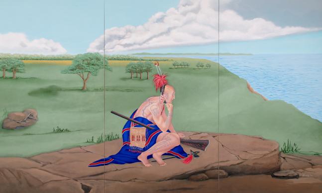 Robert Houle oil on canvas of a Native American sitting and thinking looking out to the water