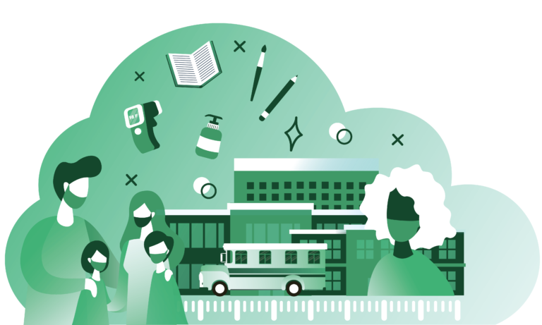 icon of a school with bus, students, teachers, etc.