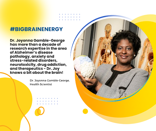 Picture of Dr. Joyonna Gamble-George Ph.D. saying Dr. Joyonna Gamble-George Ph.D. has more than a decade of research  experience in the area of Alzheimer's disease pathology, anxiety and other stress-related disorders, neurotoxicity, drug addiction, and therapeutics. Dr. Joy knows a bit about the brain!