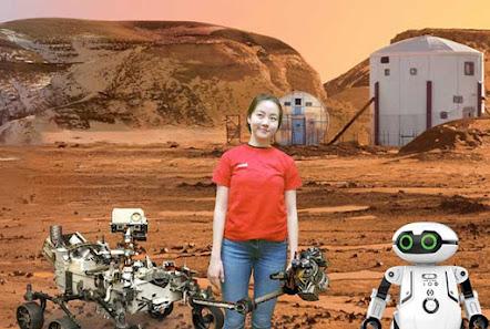 Student on mars with rover robots 