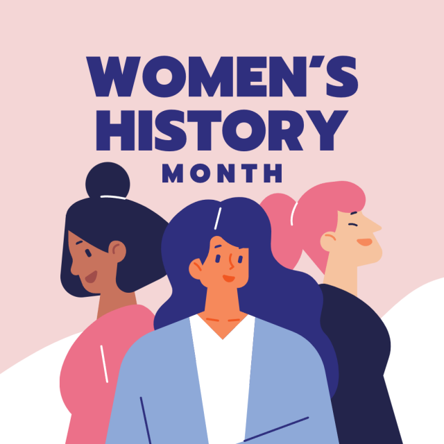 Cartoon image of 3 women with the text "women's history month"