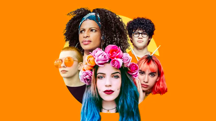 Orange background with headshots of 5 different teens in the middle