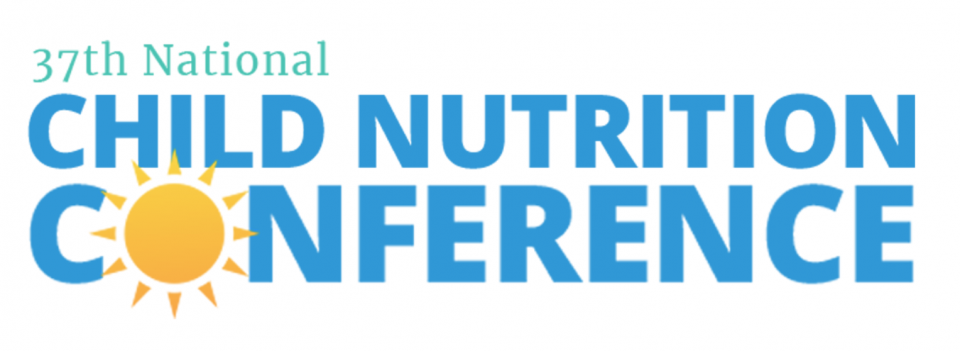 Child Nutrition Conference logo; Blue capitalized text spelling "Child Nutrition Conference" with a cartoon sun replacing the "o" in "Conference", with the text "37th annual" in a teal color above it