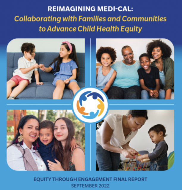 Cover of report: 4 squares in a blue background showing 4 pictures - two children doing a pinky promise, a smiling family, a mother and her two children,  an adult helping a child