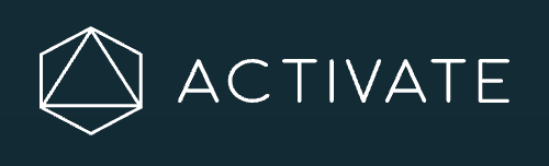 Activate logo - white text on a black background spelling "ACTIVATE" with a white geometric figure next to it